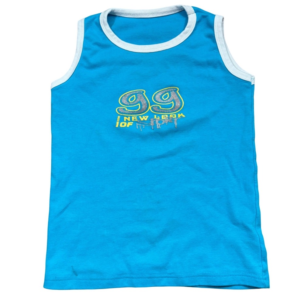 Vintage Y2K Blue Ringer Tank Top 99 New Look of Sport Graphic Glitter S/M